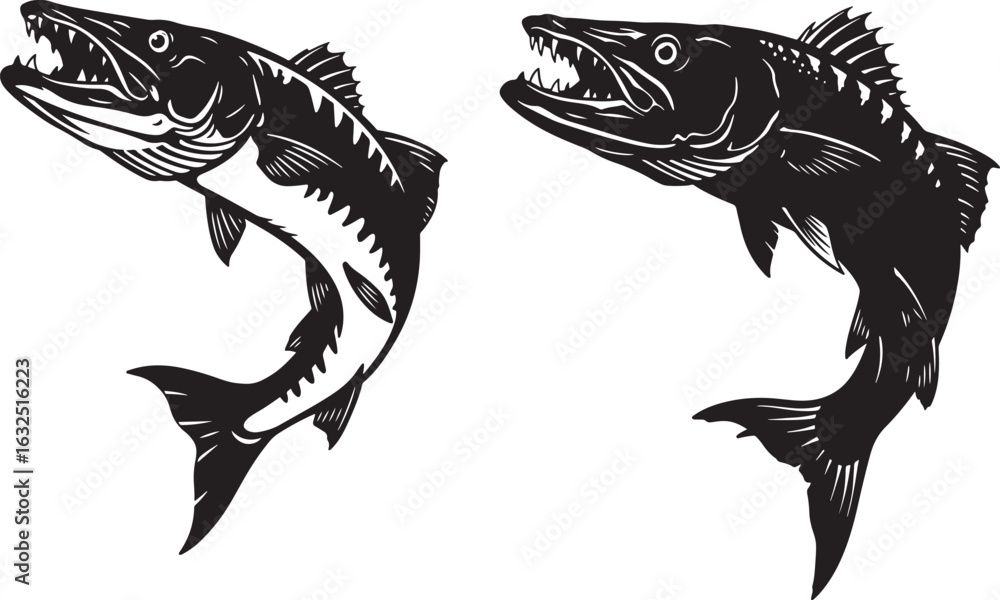 Fototapeta premium Two aggressive barracuda fish silhouette