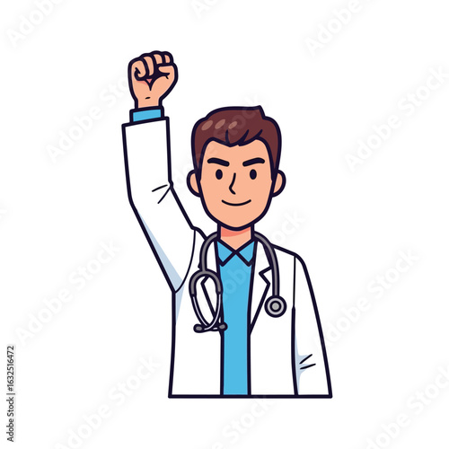Vector illustration of doctor raising fist in celebration isolated on white background