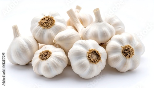Pile of Fresh White Garlic Bulbs on a Clean White Background