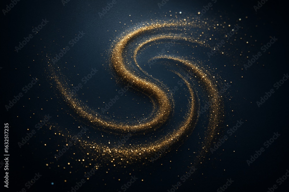 Abstract golden glitter swirl in spiral shape on dark background with glowing light particles in motion pattern. Ai generative. Ai generative