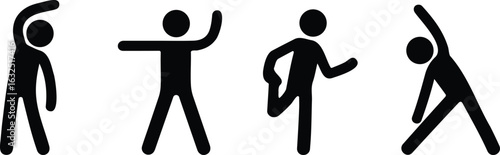  Set of stickman silhouette figures performing stretching, warm-up, and physical exercise poses for fitness, workout, and health illustrations