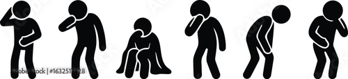 Set of sad stickman silhouette figures showing emotional distress, anxiety, depression, and mental health issues in various body language poses
