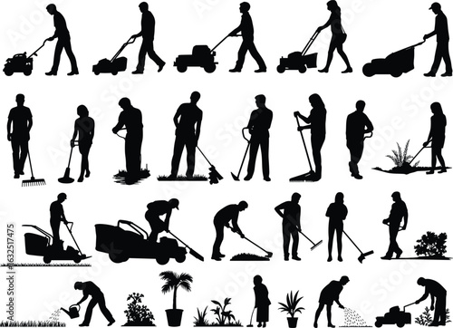 Landscaping and lawn care silhouette collection, people using mowers, rakes, trimmers, and watering plants, yard maintenance vector illustration set