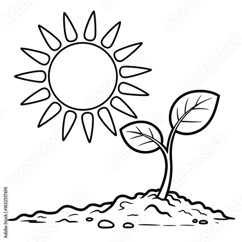 Illustration of a seedling growing under the sun in black and white vector format childrens drawing style plant growing from the ground