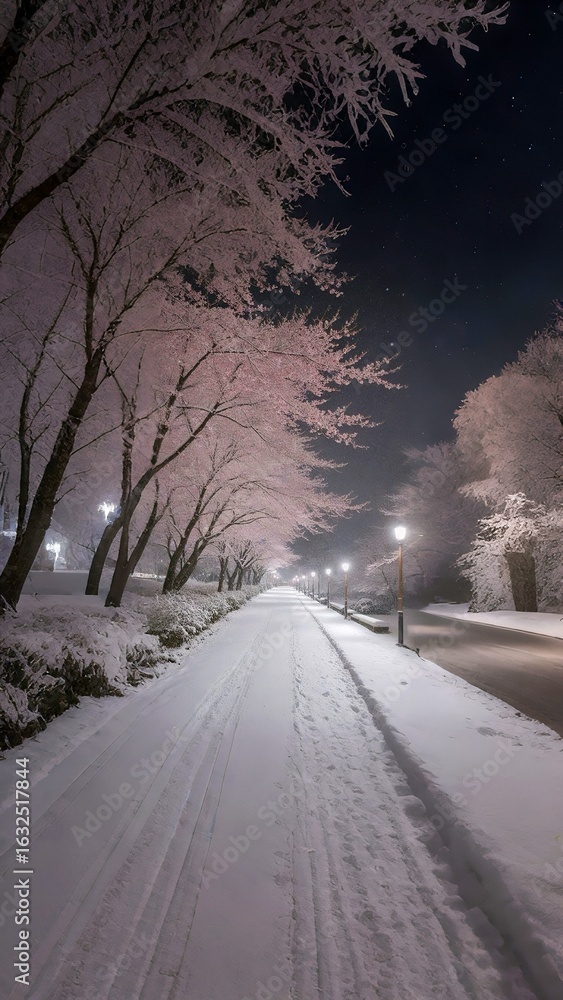 Fototapeta premium Snowy Road at Night Surrounded by Cherry Blossom Trees