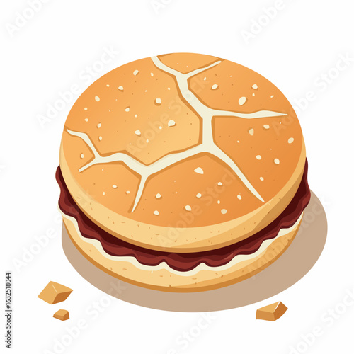 Round Golden Brown Pastry with Jam Filling on White Background