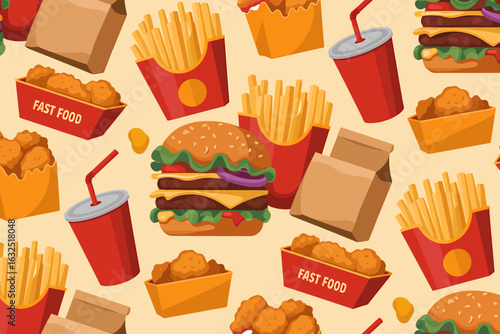 Colorful Fast Food Seamless Pattern with Burger Fries Chicken Nuggets and Drink Cartoon Vector Illustration Delicious Junk Food Background Design