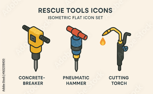 Rescue Tools Icons – Concrete Breaker, Pneumatic Hammer, Cutting Torch Isometric Set_simple_compose