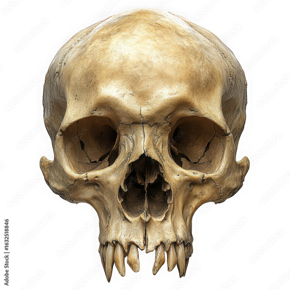 Obraz premium Anatomical human skull showing the structure and detail of the cranium and teeth on a transparent background