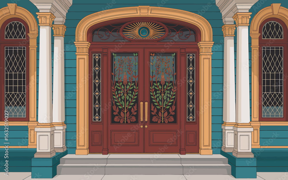 Obraz premium Detailed architectural facade featuring ornate doors columns and decorative windows creating an inviting and artistic entrance to a building