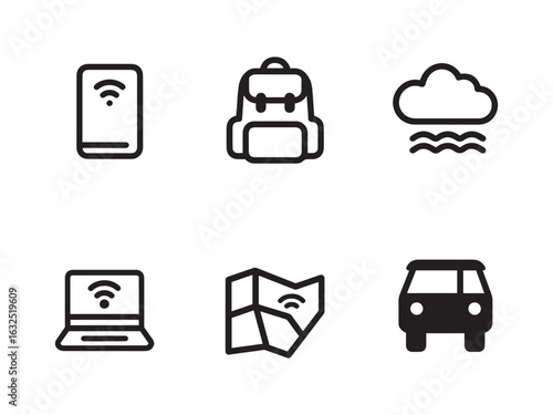 Trendy Black Line Icons — Backpack with Laptop, Passport with Cloud, Beach with Laptop, Map with Wi-Fi, Mobile Office Van on White Background