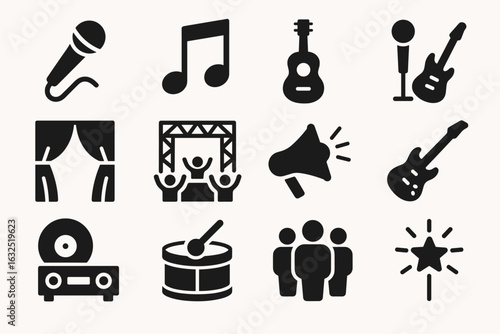 Concert Icons Set – Live Music, Stage Performance, and Event Entertainment Vector Collection