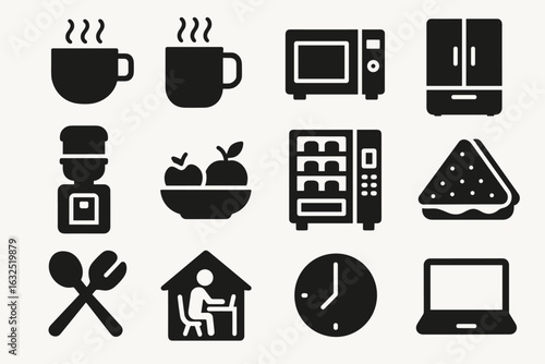 Cafeteria and Break Room Solid Icons Set – Food, Drinks and Workplace Lunch