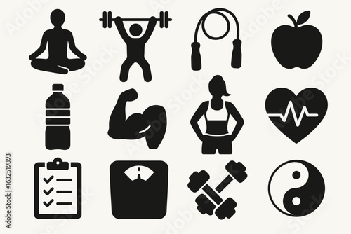Fitness and Wellness Solid Icons Set – Gym, Yoga, Health and Exercise