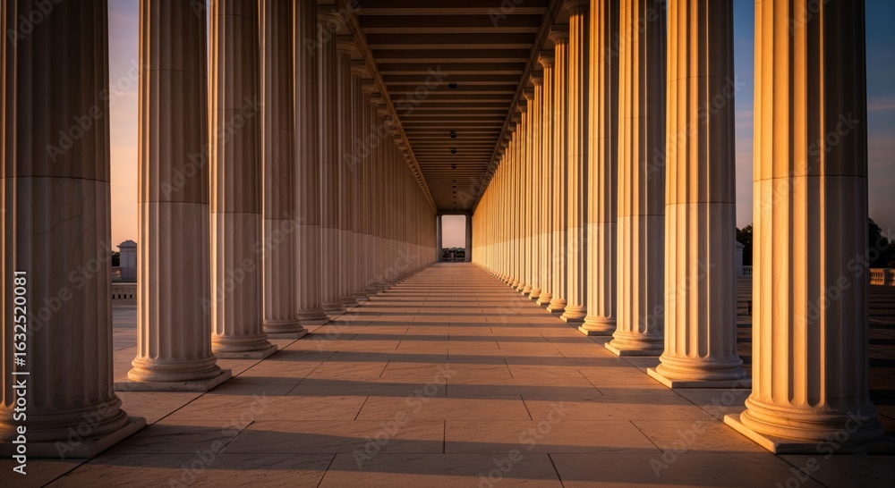 Fototapeta premium Golden Hour Sunlight Illuminates Ancient Stoa Pillars Creating Dramatic Shadows and Perspective in a Historical Architectural Landmark