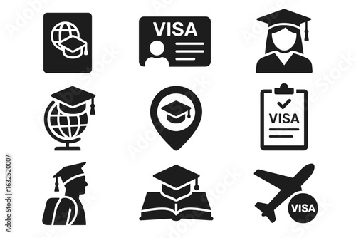 Student Visa and Study Abroad Icon Set – Global Education and Graduation Symbols