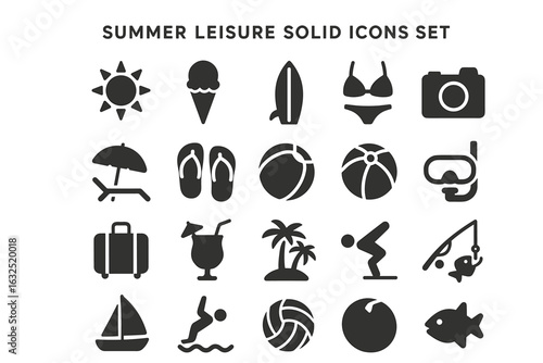 Summer Leisure Icons – Vacation, Beach, Travel, Sport and Holiday Symbol Set