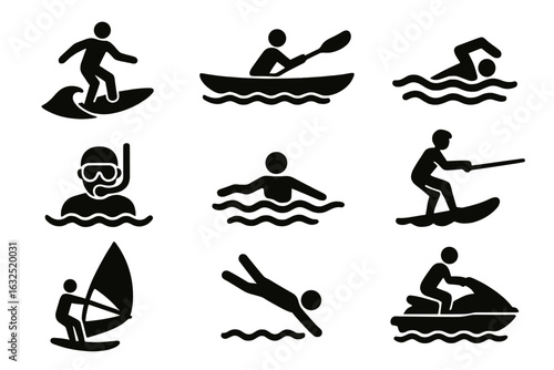 Water Sports Icons Set – Surfing, Swimming, Kayaking, Diving, Jet Ski, Wakeboarding_simple_compose