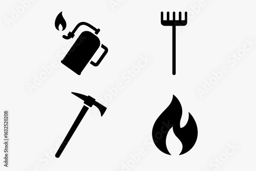 Firefighting and Wildfire Icons – Torch, Rake, Firefighter Tool and Flame Symbol