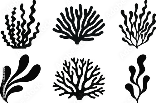 Seaweed silhouette vector set with different marine plant shapes for ocean and underwater design
