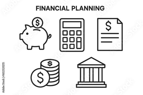 Financial Planning Icons – Piggy Bank, Calculator, Document, Coins and Bank Building