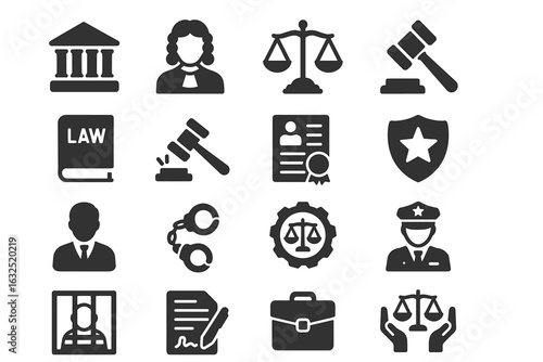 Law and Justice Solid Icon Set – Court, Police, Legal Symbols, and Legislation
