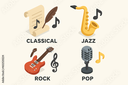 Isometric Music Genre Icon Set – Classical, Jazz, Rock, and Hip Hop Symbols