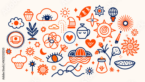 Orange and blue vector illustration with sun, cloud, eye, heart, flower, plant, food and kitchen elements vector illustration