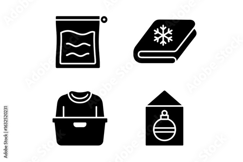 Storage and Winter Clothes Icons – Solid Black Set for Organizing and Packing