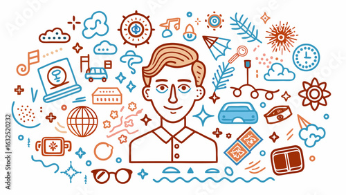 Illustration of man surrounded by space travel icons science technology exploration discovery innovation research vector illustration