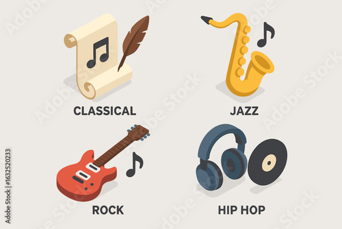 Isometric Music Genre Icon Set – Classical, Jazz, Rock, and Hip Hop Symbols