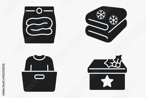 Storage and Winter Clothes Icons – Solid Black Set for Organizing and Packing