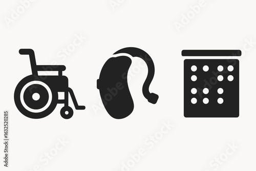 Accessibility Icons Set – Wheelchair, Hearing Aid and Braille Symbol