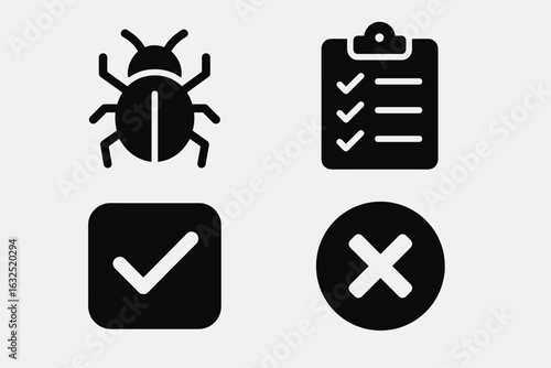Bug Report and QA Testing Icons – Insect, Checklist, Approve and Error Symbols