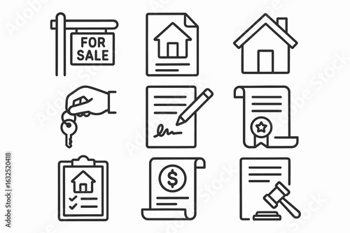 Real Estate Icons Set – Property Sale, House, Documents, Contract and Keys