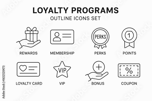 Loyalty Program Icons Set – Rewards, Membership, Points, Bonus and Coupon Outline Vector