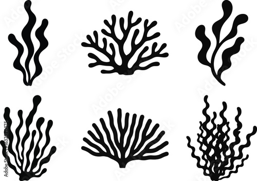 Seaweed silhouette vector collection with various sea plant forms for aquatic and marine projects