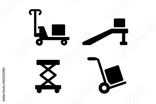 Warehouse and Cargo Handling Icons – Pallet Truck, Loading Ramp, Lift Table and Hand Trolley