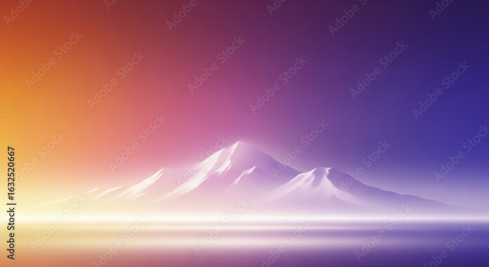 Fototapeta premium Serene Mountain Landscape Bathed in a Vibrant Sunset Gradient of Orange Purple and Blue Hues with a Soft Light Effect Across the Foreground