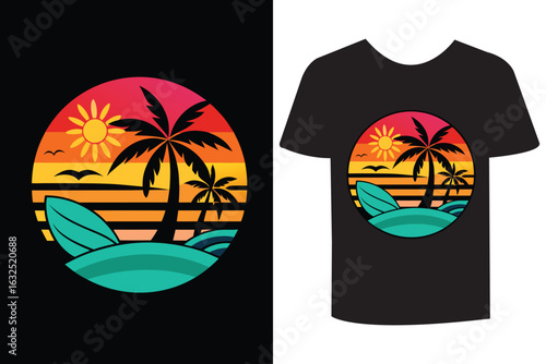 A vibrant tropical sunset T-shirt vector design featuring palm trees, beach waves, surfboards, sun, and birds. Perfect for summer, vacation, surfing, and beachwear themes.
