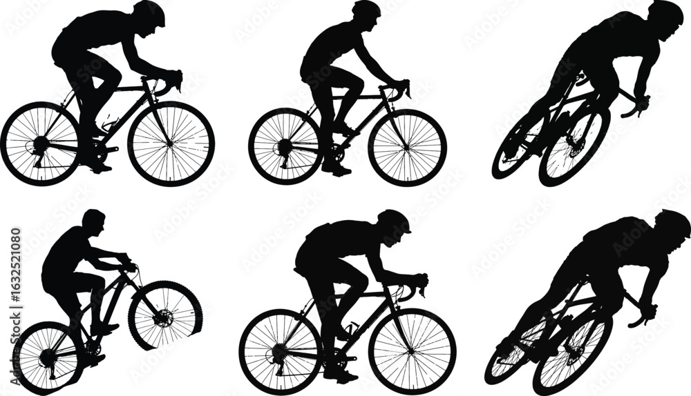 Obraz premium Cyclist silhouette vector collection with various riding and racing positions for active lifestyle projects
