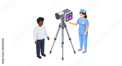 3D vector of temperature screening at clinic plain white background