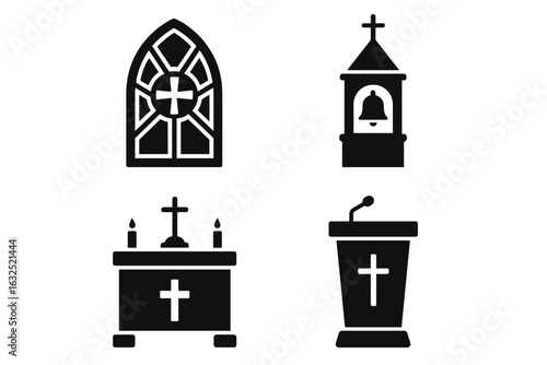Church and Religion Icons Set – Altar, Pulpit, Bell Tower, and Stained Glass Symbols_simple_compose