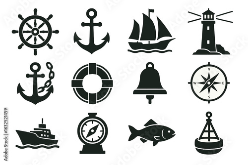 Nautical Icons Set – Ship, Anchor, Lighthouse, Compass, Maritime Symbols_simple_compose