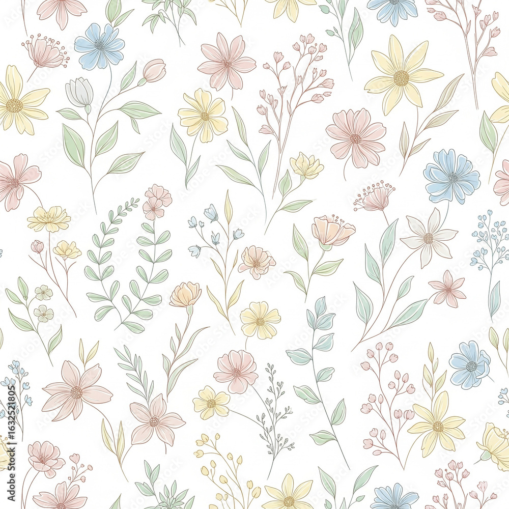 custom made wallpaper toronto digitalHand-Drawn Floral Pattern Vector – Pastel Flowers & Leaves (Seamless Botanical Design)