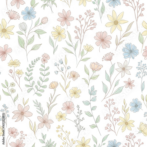 Wallpaper Mural Hand-Drawn Floral Pattern Vector – Pastel Flowers & Leaves (Seamless Botanical Design) Torontodigital.ca
