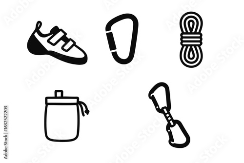 Rock Climbing Gear Icons – Outdoor Adventure Equipment, Mountaineering Safety, Extreme Sports Symbols