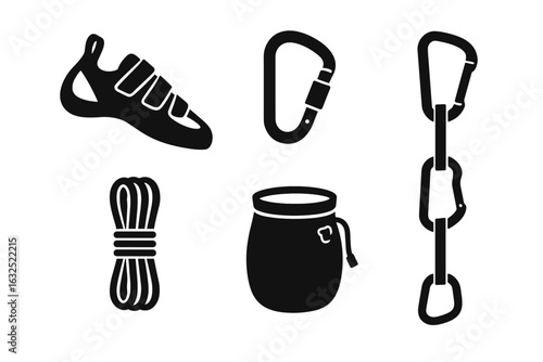 Rock Climbing Gear Icons – Outdoor Adventure Equipment, Mountaineering Safety, Extreme Sports Symbols