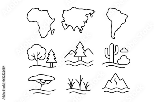 Continental Biome Icons – Global Ecosystems, Climate Zones, Natural Habitats