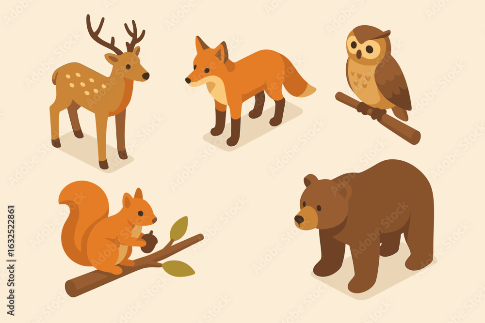 Naklejka premium Wildlife Isometric Icons – Animals, Nature, Habitat Scenes